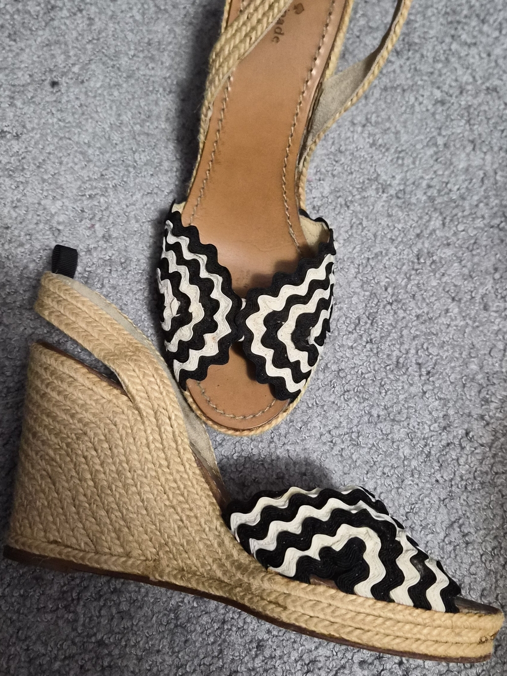Kate Spade Wedge Espadrille Sandals with Black & White Wave Detail